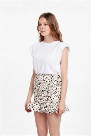 Fırfırlı ekru siyah desenli mini etek
