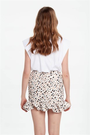 Fırfırlı ekru siyah desenli mini etek