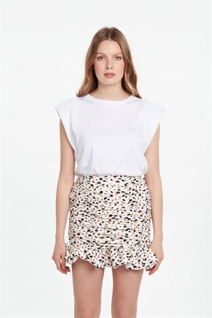 Fırfırlı ekru siyah desenli mini etek