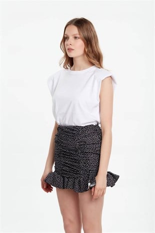 Fırfırlı puantiyeli mini etek siyah