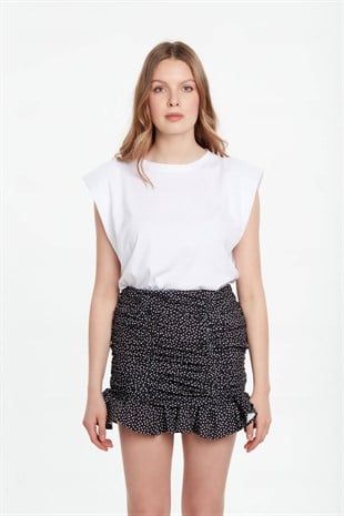 Fırfırlı puantiyeli mini etek siyah
