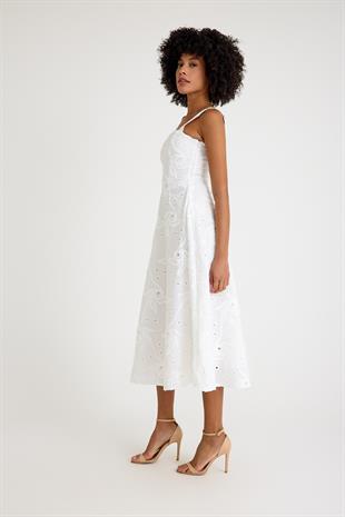 Fisto Özel Tasarım Kumaş Beyaz Midi Elbise  