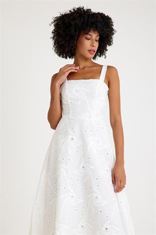 Fisto Özel Tasarım Kumaş Beyaz Midi Elbise  