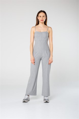 Gri İnce Askılı Straight Kesim Tulum