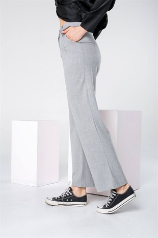 Gri Yüksek Bel Straight Bol Kesim Kumaş Pantolon