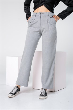 Gri Yüksek Bel Straight Bol Kesim Kumaş Pantolon