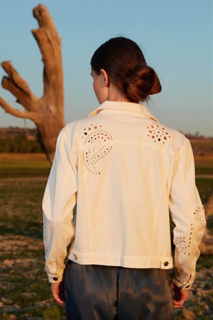 İşleme detaylı kot ceket - Ekru