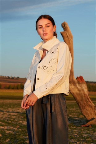 İşleme detaylı kot ceket - Ekru