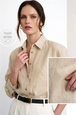 Keten %100 Dik Yaka Formlu Gömlek Kum Beji ve diğer Bluz & Gömlek modellerimiz için online alışveriş mağazamızı ziyaret edin. 