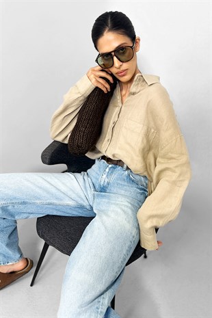 Keten %100 Geniş Cepli Oversize Gömlek - Kum Beji