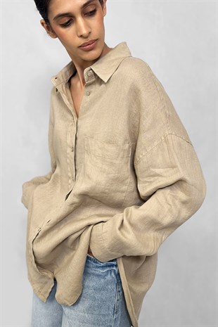 Keten %100 Geniş Cepli Oversize Gömlek - Kum Beji