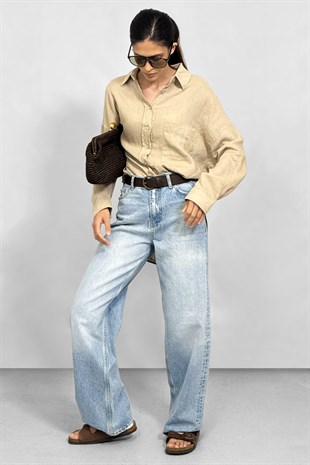 Keten %100 Geniş Cepli Oversize Gömlek - Kum Beji