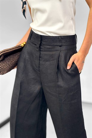 Keten %100 Tailored Klasik Kesim Pantolon - Siyah
