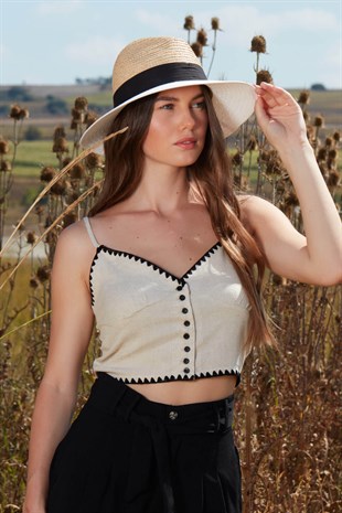 Keten kenarları işlemeli düğmeli crop bluz - Ekru