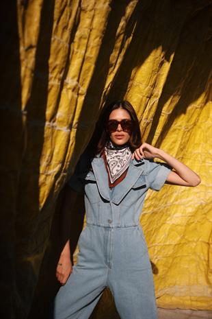 Kısa Kollu V Yaka Detaylı Jean Kot Tulum