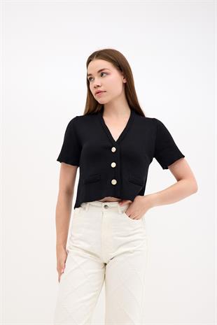 Kısa Kollu V-Yaka Altın Rengi Düğmeli Kadın Siyah Triko