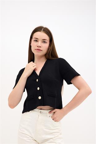 Kısa Kollu V-Yaka Altın Rengi Düğmeli Kadın Siyah Triko