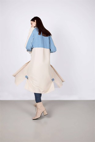 Kot detaylı uzun trençkot