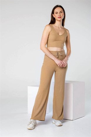 Krem Rengi Fitilli Eşofman Bustiyer Takım