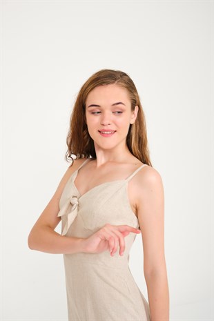 Krem Rengi İşleme Detaylı Keten Şort Tulum