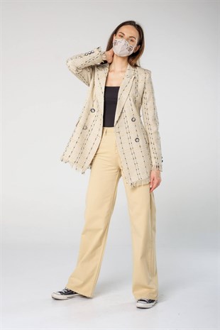 Krem Rengi Siyah-Sarı Ekoseli Kruvaze Yaka Önden Düğmeli Tuvit Keten Ceket 