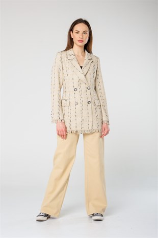 Krem Rengi Siyah-Sarı Ekoseli Kruvaze Yaka Önden Düğmeli Tuvit Keten Ceket 