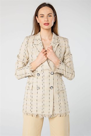Krem Rengi Siyah-Sarı Ekoseli Kruvaze Yaka Önden Düğmeli Tuvit Keten Ceket 