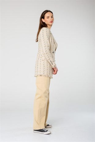 Krem Rengi Siyah-Sarı Ekoseli Kruvaze Yaka Önden Düğmeli Tuvit Keten Ceket 