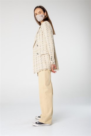 Krem Rengi Siyah-Sarı Ekoseli Kruvaze Yaka Önden Düğmeli Tuvit Keten Ceket 