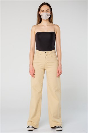 Krem Rengi Yüksek Bel Straight Bol Paça Kot Pantolon