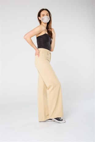 Krem Rengi Yüksek Bel Straight Bol Paça Kot Pantolon