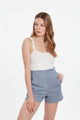 Lacivert beyaz çizgili yüksek bel klasik şort