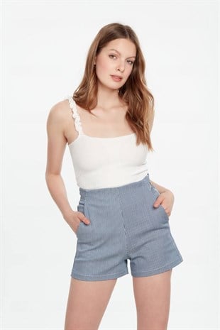 Lacivert beyaz çizgili yüksek bel klasik şort