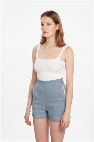 Lacivert beyaz çizgili yüksek bel klasik şort