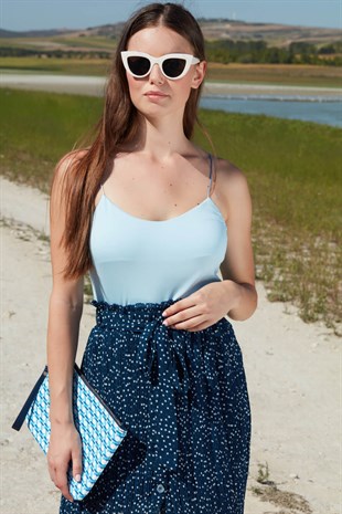 Lacivert puantiyeli pilili beli lastikli astarlı midi etek