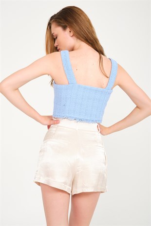 Mavi Crop Düğme Detaylı Tuvit Crop Bustiyer