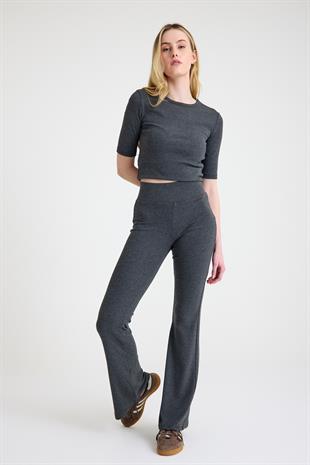 Modal Soft Touch Kadın Koyu Gri İspanyol Paça Flared Tayt Bluz Yoga Takımı