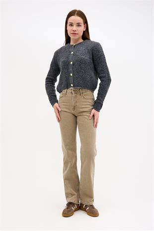 Önden Altın Düğme Detaylı Havlu Kumaş Koyu Gri Füme Triko
