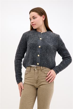 Önden Altın Düğme Detaylı Havlu Kumaş Koyu Gri Füme Triko