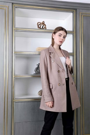 Önden düğmeli uzun ceket - Krem Rengi