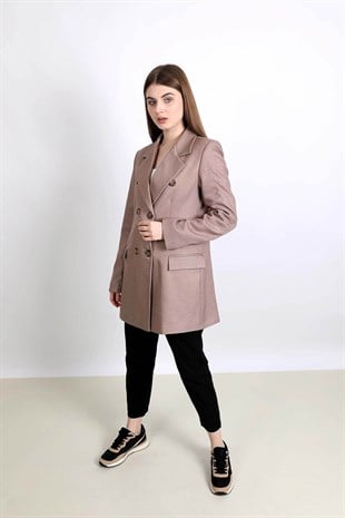 Önden düğmeli uzun ceket - Krem Rengi