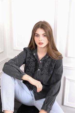 Önü İşleme detaylı kot gömlek - Antrasit