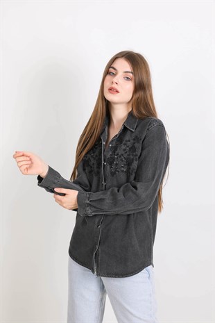 Önü İşleme detaylı kot gömlek - Antrasit
