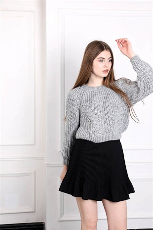 Önü örgü detaylı kazak - Gri