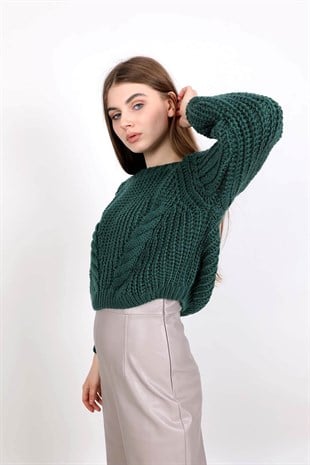 Önü örgü detaylı kazak - Yeşil