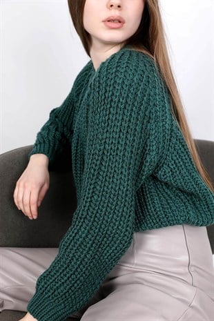 Önü örgü detaylı kazak - Yeşil