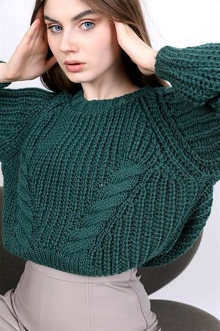 Önü örgü detaylı kazak - Yeşil