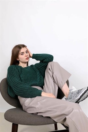 Önü örgü detaylı kazak - Yeşil