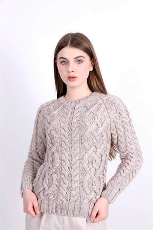 Örme Detaylı Kazak - Krem Rengi