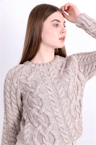 Örme Detaylı Kazak - Krem Rengi